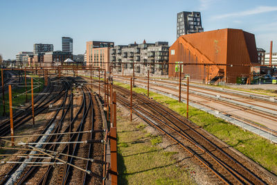 High angle view of railroad tracks in city