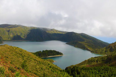 Scenic view of lake and mountains against sky