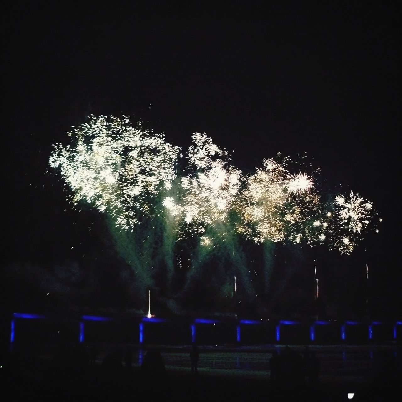 night, illuminated, arts culture and entertainment, firework display, long exposure, glowing, celebration, exploding, tree, motion, firework - man made object, sparks, lighting equipment, low angle view, sky, clear sky, light - natural phenomenon, event, copy space, dark