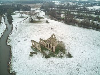 High angle view of snow on land