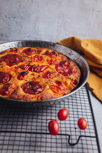 High angle view of pizza on table