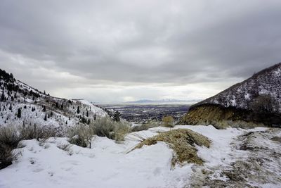 Snow covered land against sky