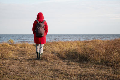 A woman in a red jacket looks at the foamy waves. windy autumn day at the shore of lake ilmen.