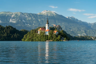 Scenic view of lake by building against sky