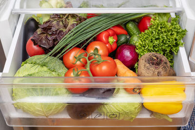 High angle view of vegetables in container