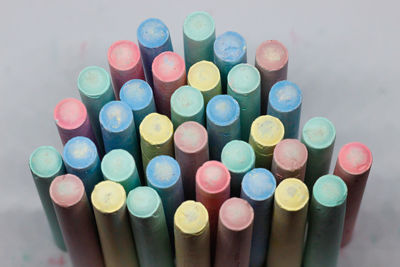 High angle view of multi colored pencils on table