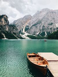 Scenic view of lake by mountains against sky