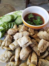 High angle view of food in bowl on table