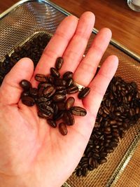 High angle view of hand holding coffee beans