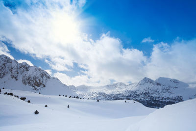 Scenic view of snowcapped mountains against sky