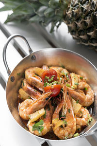 High angle view of seafood in plate on table