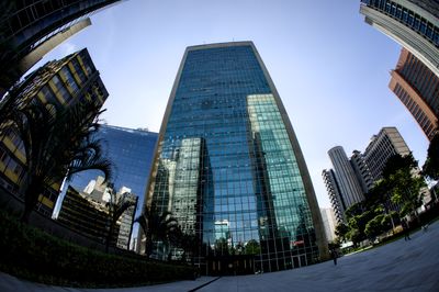 Low angle view of modern buildings in city