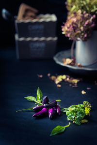 Close-up of purple chili pepper on table