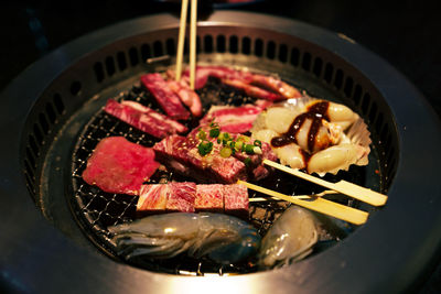 High angle view of meat in cooking pan