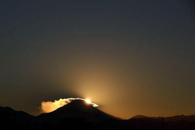 Scenic view of silhouette mountain against sky at sunset