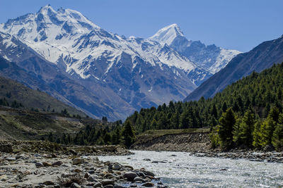 Scenic view of snowcapped mountains against sky