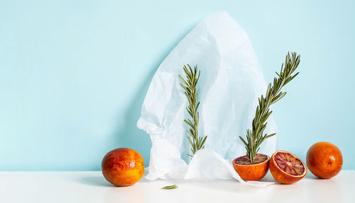 Summer fruits still life. creative scene with citrus fruits and rosemary.