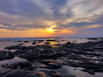 Scenic view of sea shore against sky during sunset