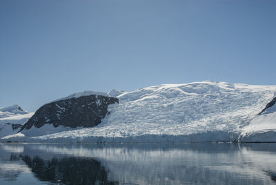 Scenic view of snowcapped mountains against clear blue sky