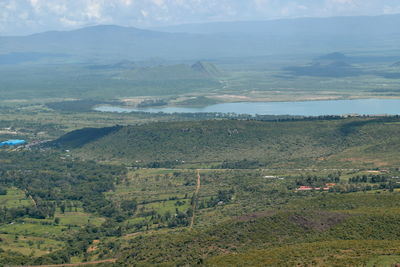 Lake elementaita and sleeping warrior hill seen from table mountain, aberdare ranges, kenya