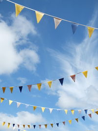 Low angle view of colorful bunting flags against sky