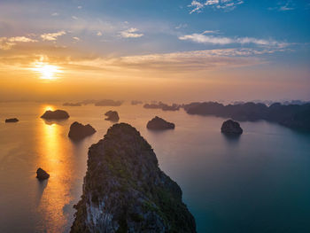 Aerial view of sunset at halong bay, vietnam, southeast asia.