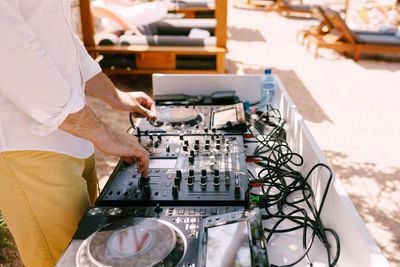 High angle view of man working on table