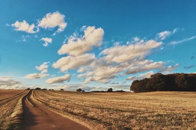 Dirt road amidst field against sky