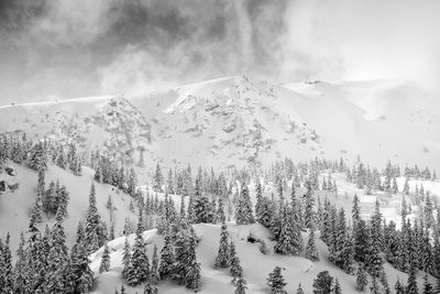 Scenic view of snow covered mountains against sky