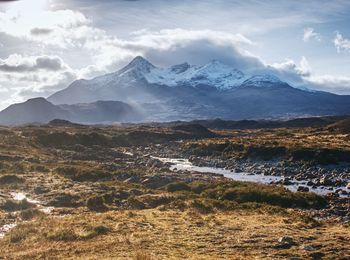 River sligachan and mountains , clouds gather. sgurr nan gillean, cuillin mountains, isle of skye