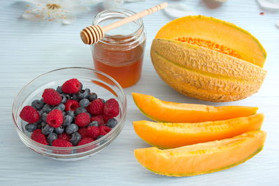 High angle view of fruits on table