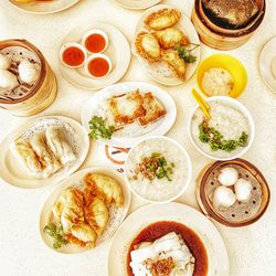 High angle view of dim sum on table