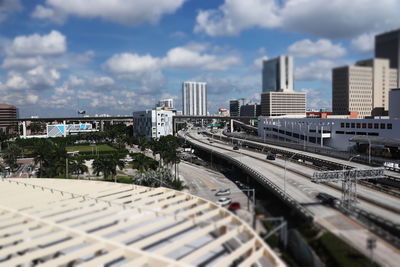 High angle view of railroad tracks amidst buildings in city