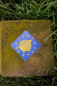 High angle view of road sign on field