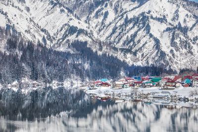 Scenic view of snowcapped mountains during winter