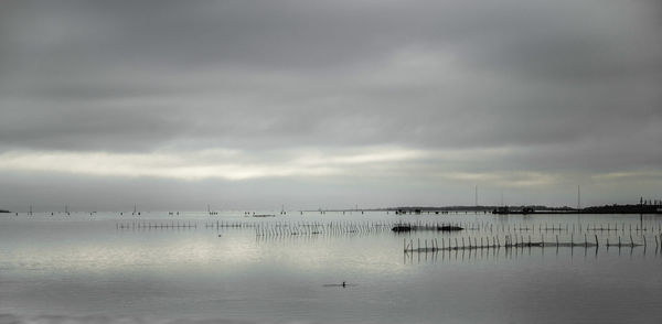 Reflection of sailboats in lake against sky