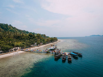 High angle view of swimming pool by sea against sky