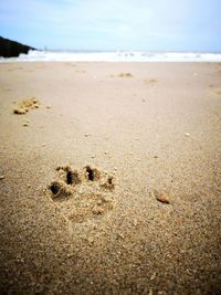 Surface level of sand on beach against sky