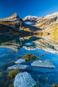 Scenic view of lake by mountains against blue sky