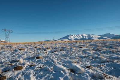 Scenic view of snowcapped mountains against clear sky