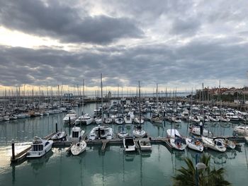 Boats moored at harbor