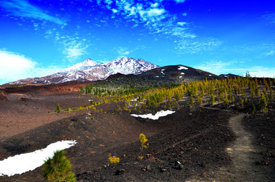 Scenic view of mountains against blue sky