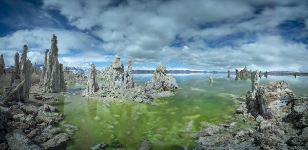 An algae rich green glowing mono lake in northern california