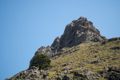 Low angle view of rock formation against clear blue sky