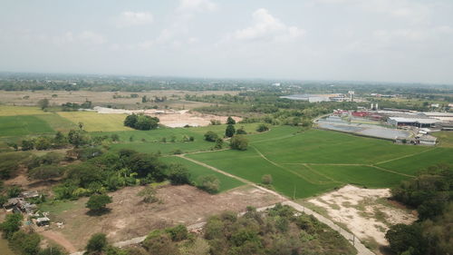 High angle view of buildings against sky