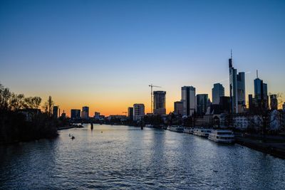 City at waterfront during sunset