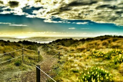 Scenic view of landscape against cloudy sky