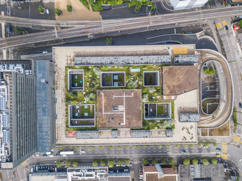 High angle view of buildings in city