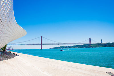 View of suspension bridge against clear blue sky