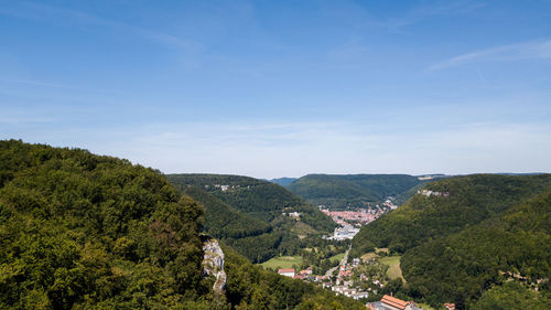 High angle view of trees on landscape against sky